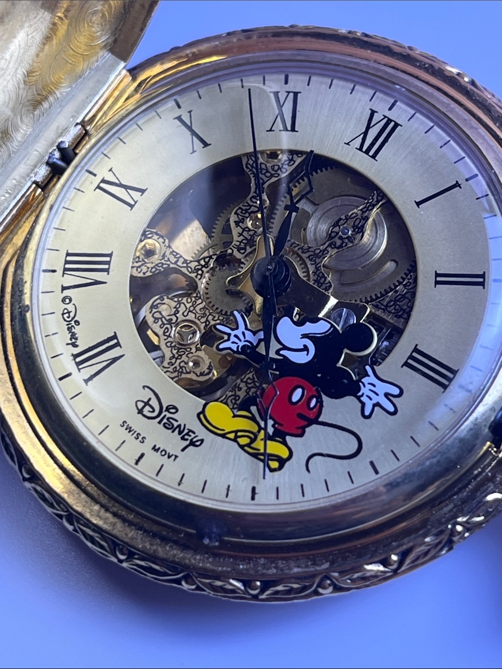 MICKEY MOUSE POCKET WATCH DISNEY MAJESTI SWISS MOVEMENT SKELETON GOLD-TONE NIB - Picture 17 of 17